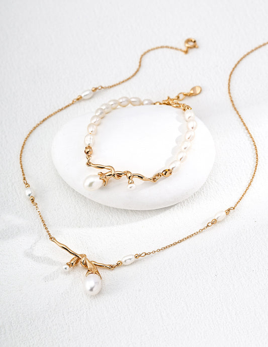 Golden Branch Pearl Necklace & Bracelet Set — Timeless Natural Beauty