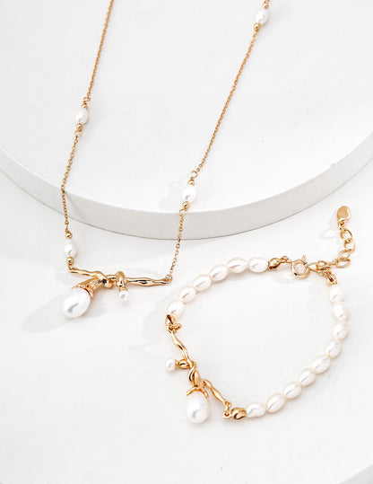 Golden Branch Pearl Necklace & Bracelet Set — Timeless Natural Beauty