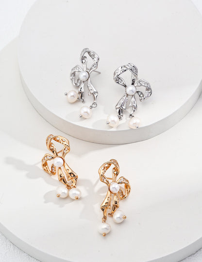 Graceful Bow Pearl Earrings