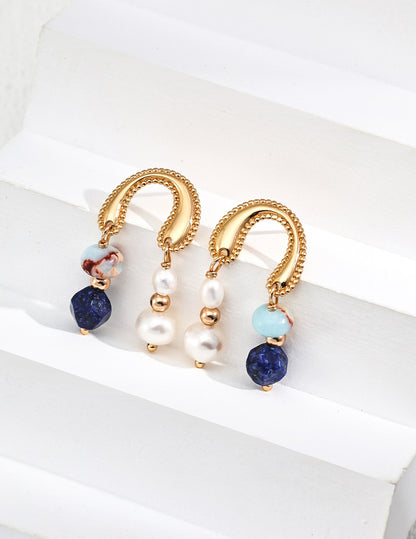 Lapis & Pearl Arc Earrings