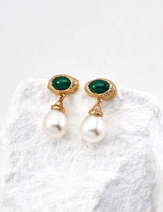 Vintage Malachite & Pearl Drop Earrings
