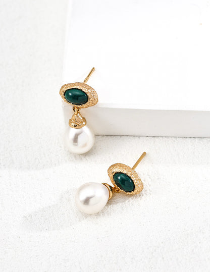 Vintage Malachite & Pearl Drop Earrings