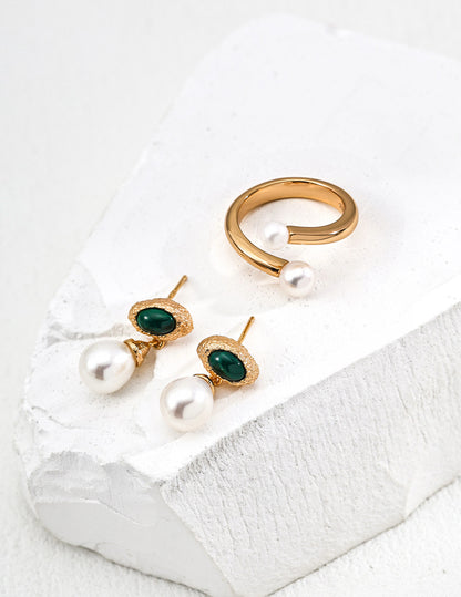 Vintage Malachite & Pearl Drop Earrings