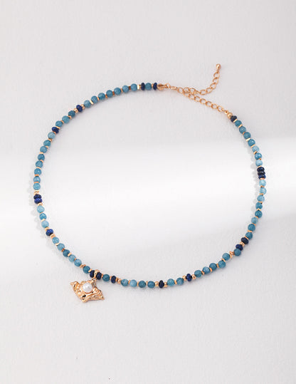 Apatite & Lapis Lazuli Pearl Necklace and Earrings Set