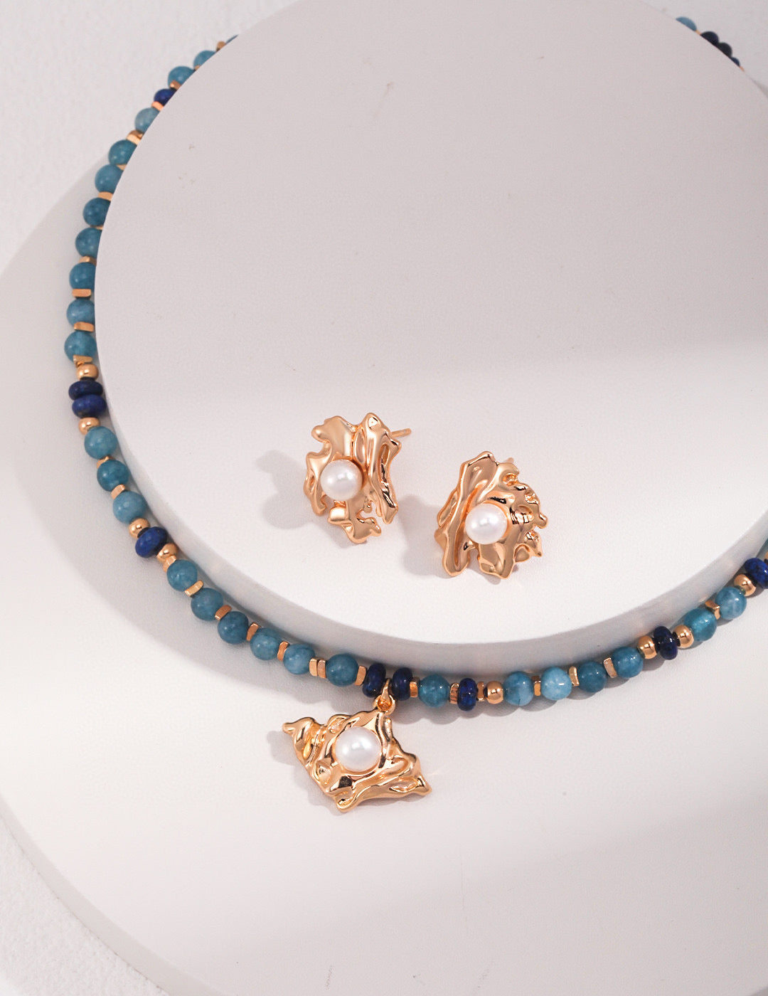 Apatite & Lapis Lazuli Pearl Necklace and Earrings Set
