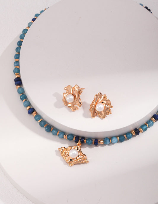 Apatite & Lapis Lazuli Pearl Necklace and Earrings Set