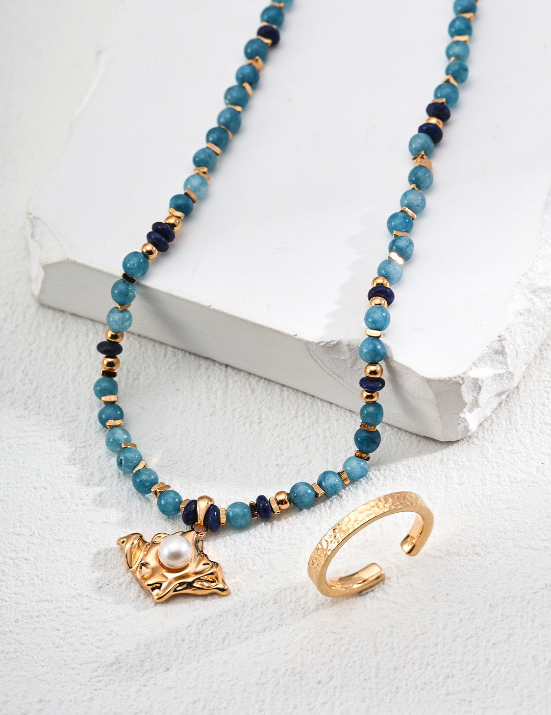 Apatite & Lapis Lazuli Pearl Necklace and Earrings Set