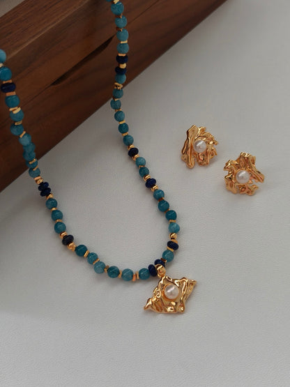 Apatite & Lapis Lazuli Pearl Necklace and Earrings Set