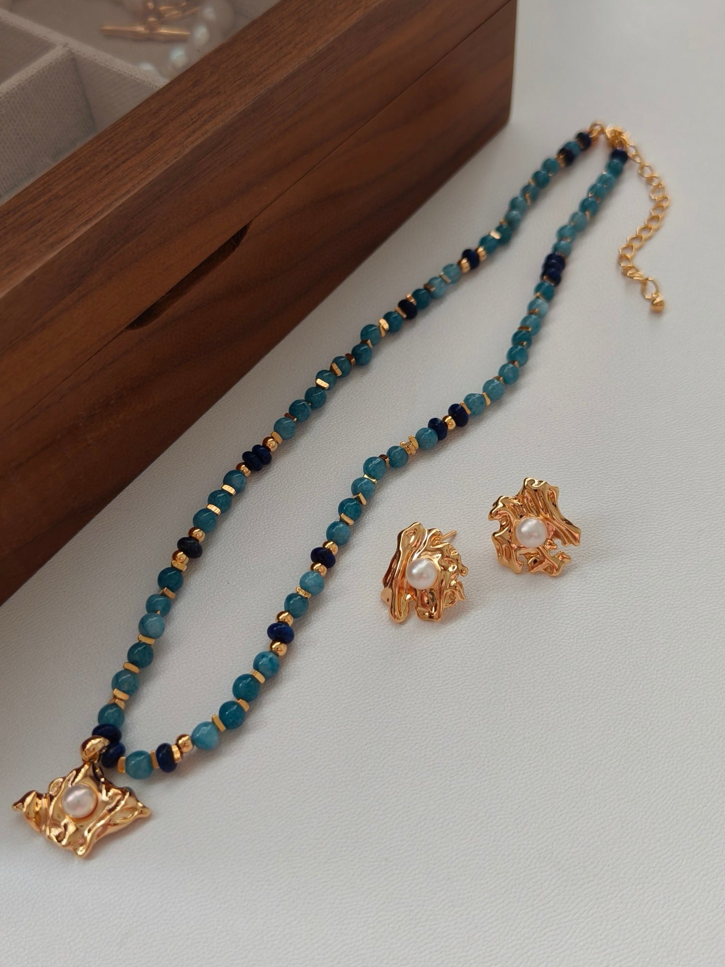 Apatite & Lapis Lazuli Pearl Necklace and Earrings Set