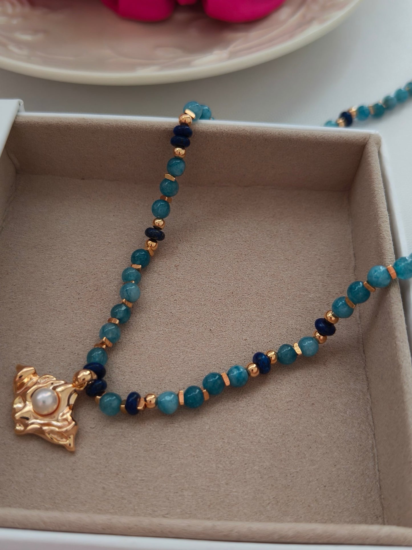 Apatite & Lapis Lazuli Pearl Necklace and Earrings Set