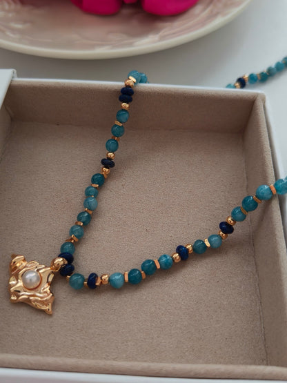 Apatite & Lapis Lazuli Pearl Necklace and Earrings Set