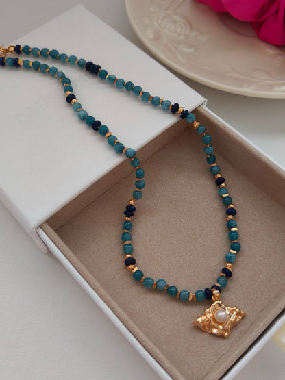 Apatite & Lapis Lazuli Pearl Necklace and Earrings Set