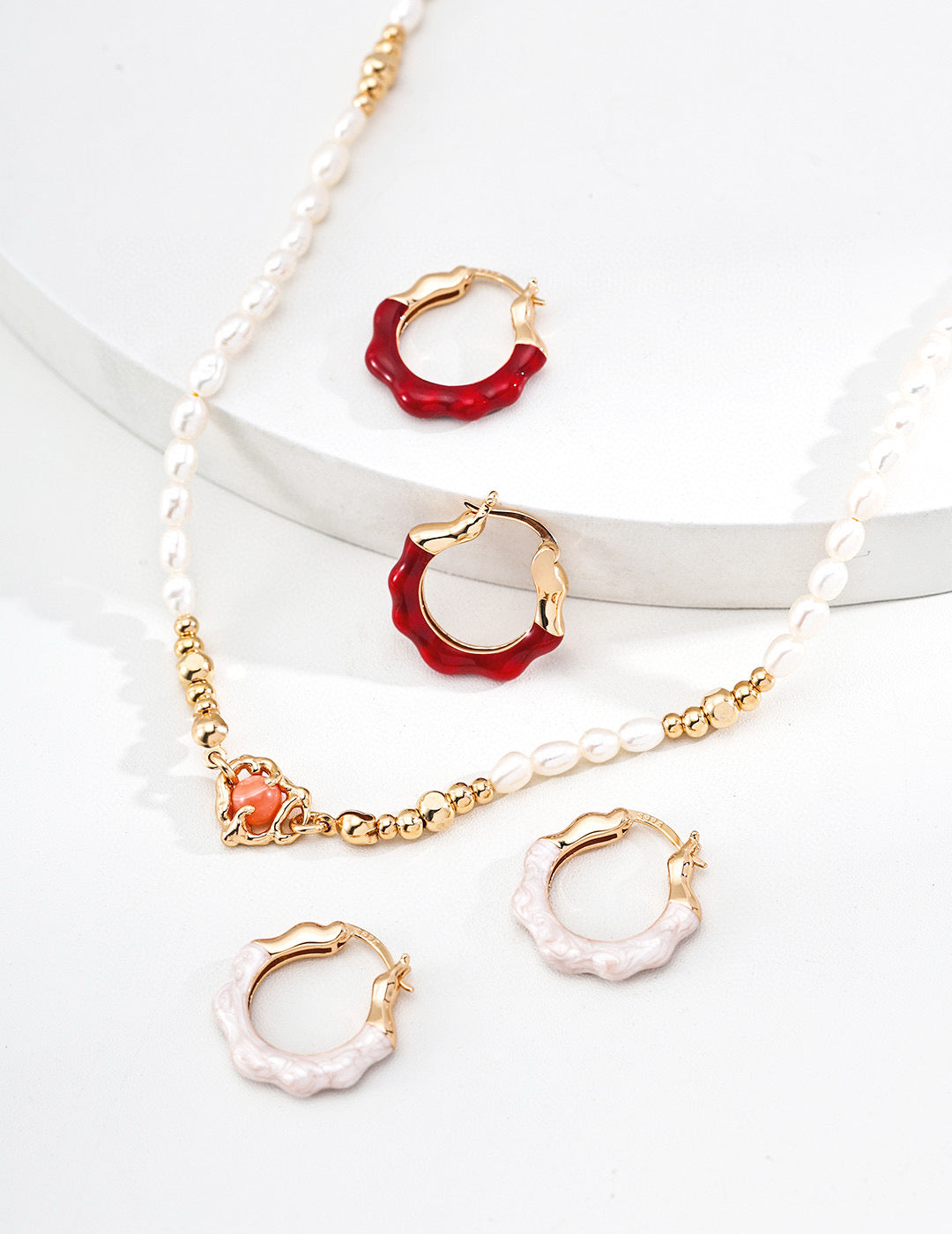 S925 Silver Red Glaze & Pearl White Hoop Earrings