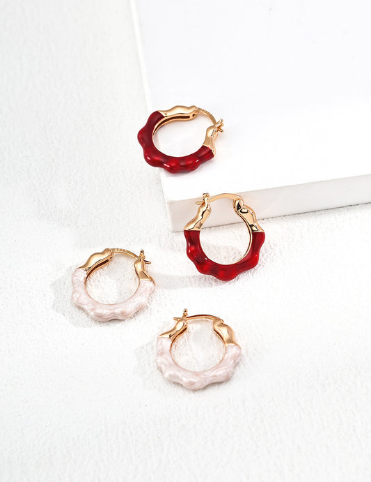 S925 Silver Red Glaze & Pearl White Hoop Earrings