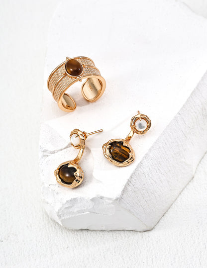 S925 Silver Vintage Tiger’s Eye Earrings (Convertible Design)