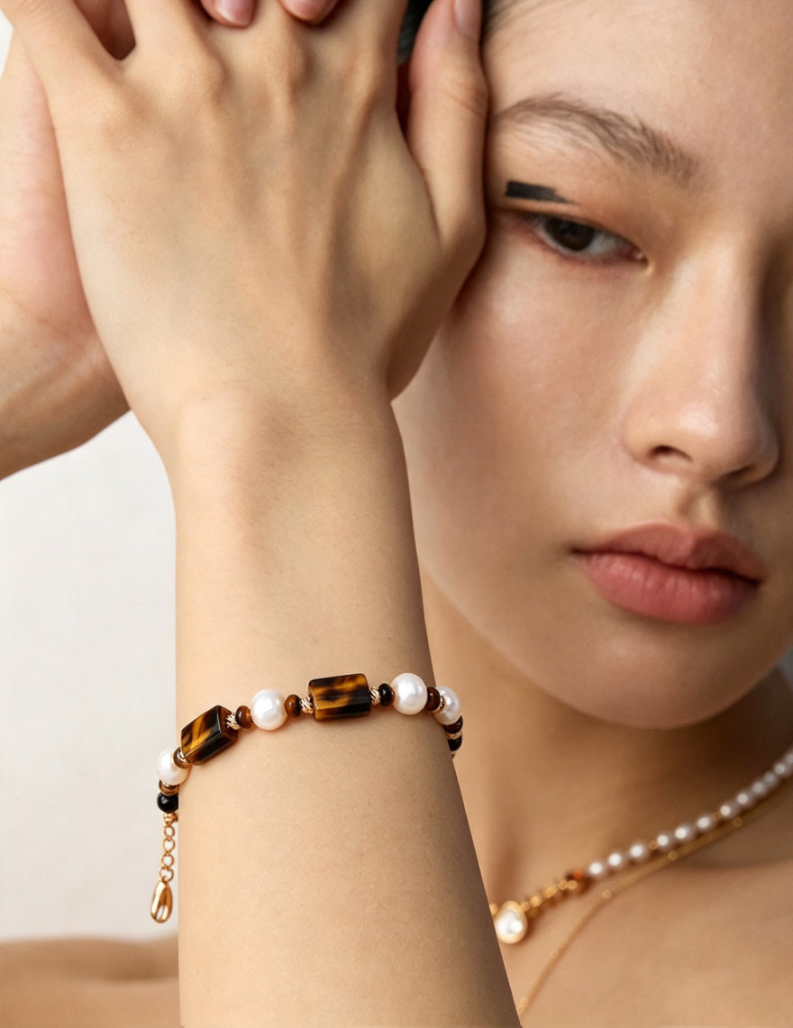 Caramel Tiger Eye Pearl Bracelet