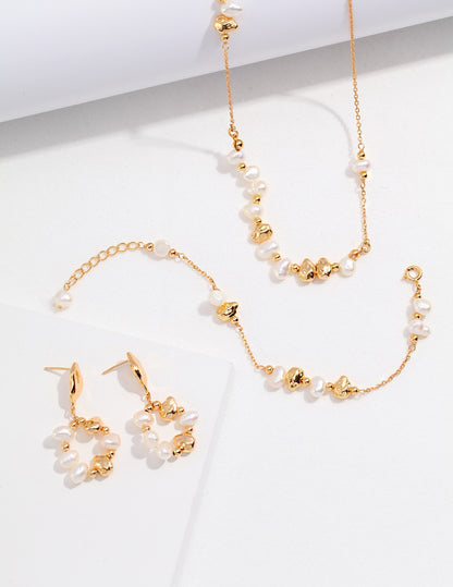 Golden Bloom Natural Pearl & S925 Silver earrings, bracelet and necklace