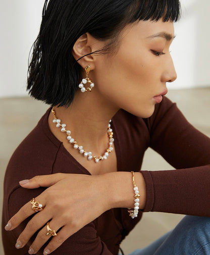 Golden Bloom Natural Pearl & S925 Silver earrings, bracelet and necklace