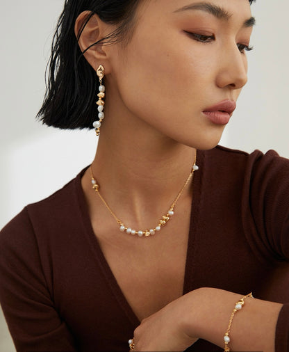 Golden Bloom Natural Pearl & S925 Silver earrings, bracelet and necklace
