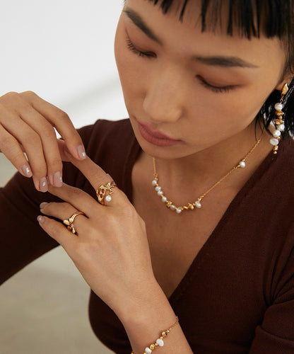 Golden Bloom Natural Pearl & S925 Silver earrings, bracelet and necklace