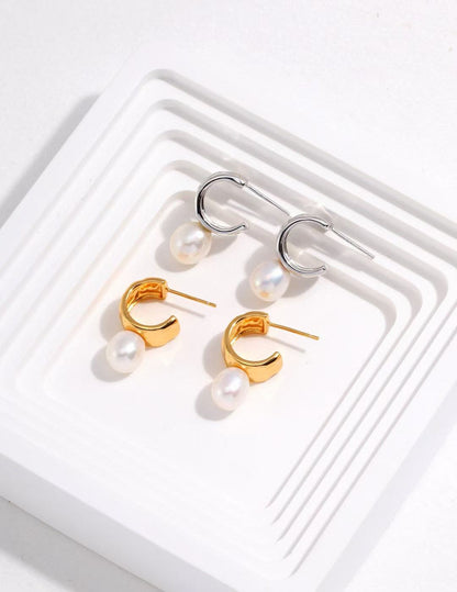 S925 silver ripple half circle and natural pearl earrings