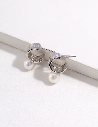 S925 silver ripple half circle and natural pearl earrings