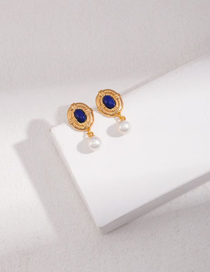 S925 Silver gold plated/Vintage blue Lapis Lazuli/Freshwater Pearl Earrings, necklace