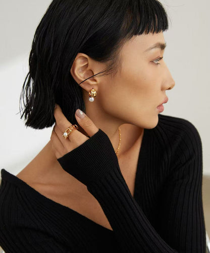 S925 silver ripple half circle and natural pearl earrings