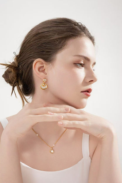 S925 Silver/ gold plated Necklace (Adjustable Length)/Faux Mother-of-Pearl/Zircon Pendant,earrings                           S