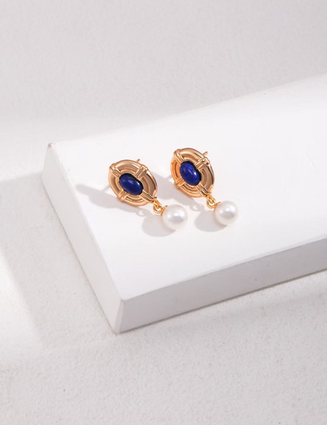 S925 Silver gold plated/Vintage blue Lapis Lazuli/Freshwater Pearl Earrings, necklace