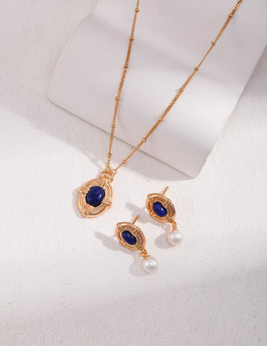 S925 Silver gold plated/Vintage blue Lapis Lazuli/Freshwater Pearl Earrings, necklace