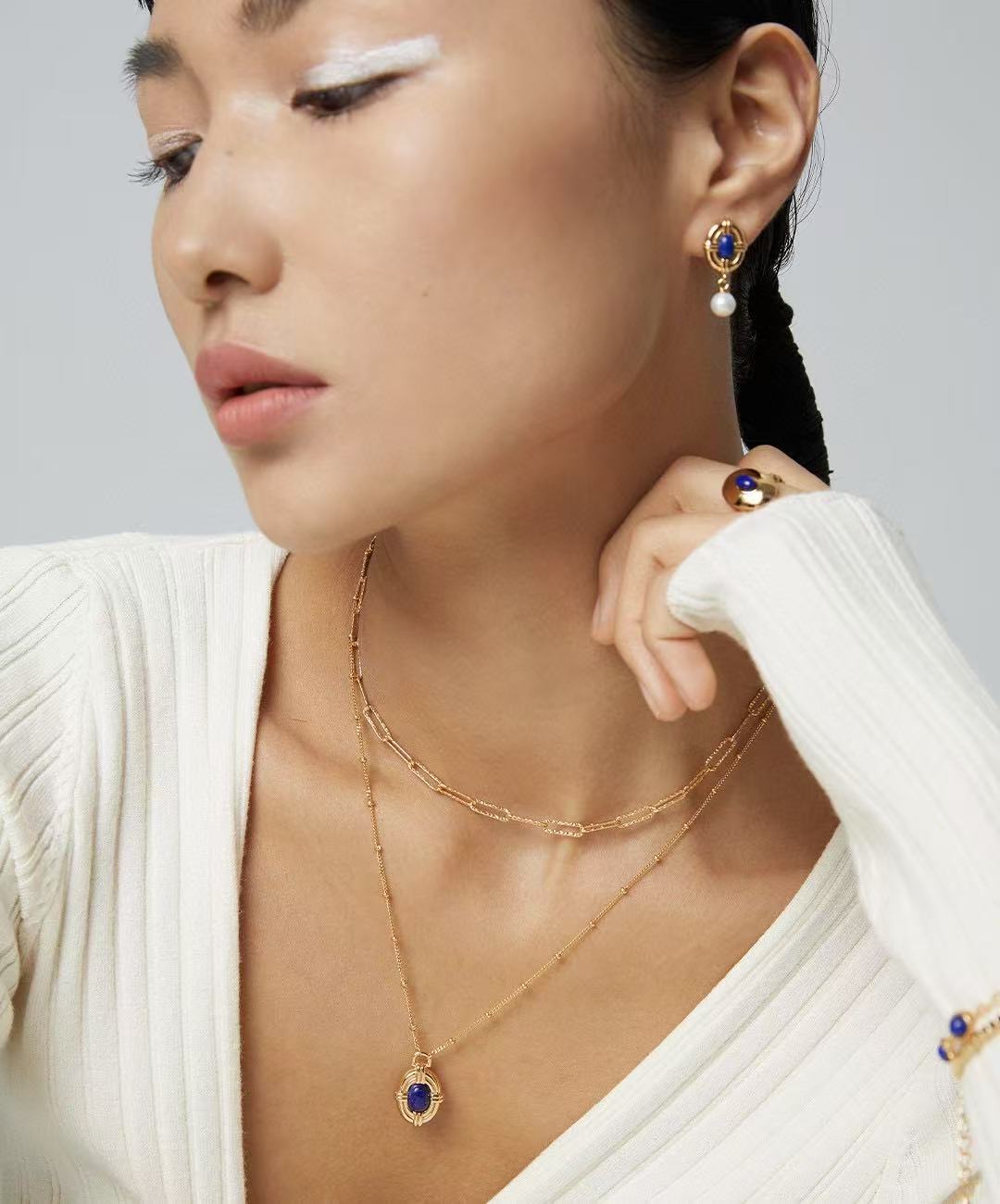 S925 Silver gold plated/Vintage blue Lapis Lazuli/Freshwater Pearl Earrings, necklace