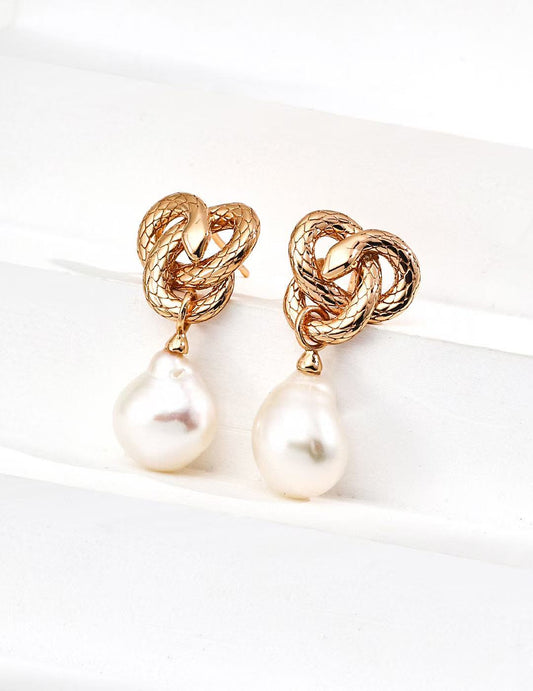 S925 Silver/Snake-shaped Retro Water Drop Baroque Pearl Earrings