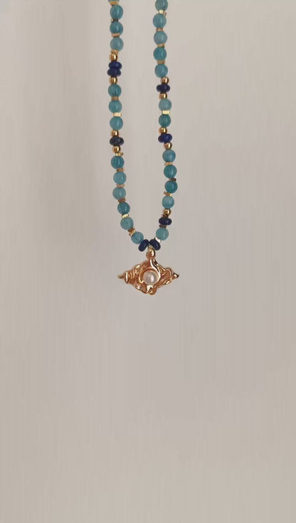 Apatite & Lapis Lazuli Pearl Necklace and Earrings Set