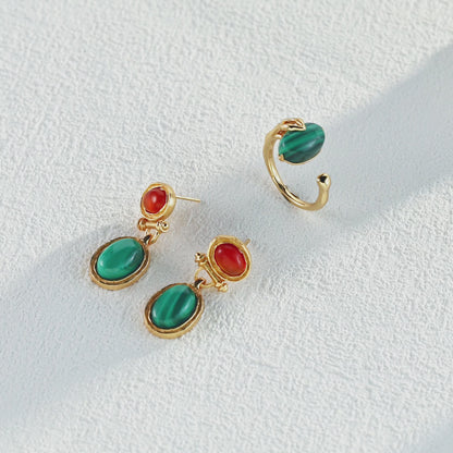 Verdant Ember Red agate meets green malachite earrings and ring
