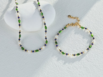 Vintage Pearl & Lapis Olive Bead Set